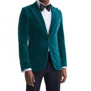NEW REISS slim fit single breasted velvet blazer in azure